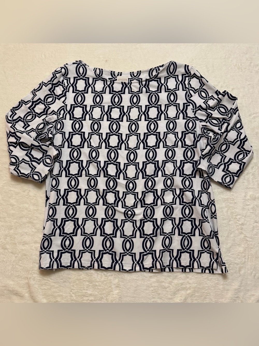 Women's Chico White Cotton Black Link Geo Print Boat Neck Shirt Top Size 2 - Picture 2 of 7